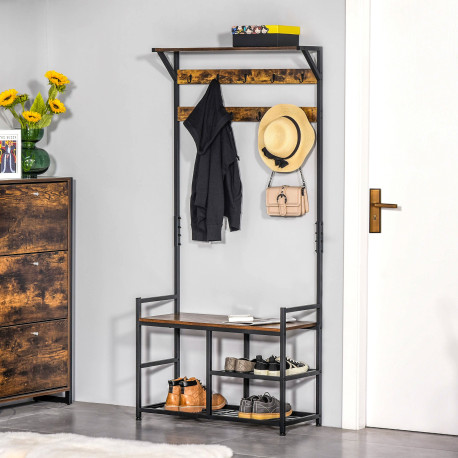 Coat Rack Stand Shoe Storage Bench with 9 Hooks Shelves for Bedroom Living Room Entryway Brown and Black 180cm