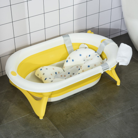 Foldable Baby Bath: Ergonomic Portable Design with Cushion, Temperature Indicator & Non-Slip Legs, 0-3 Years, Yellow | Aosom UK