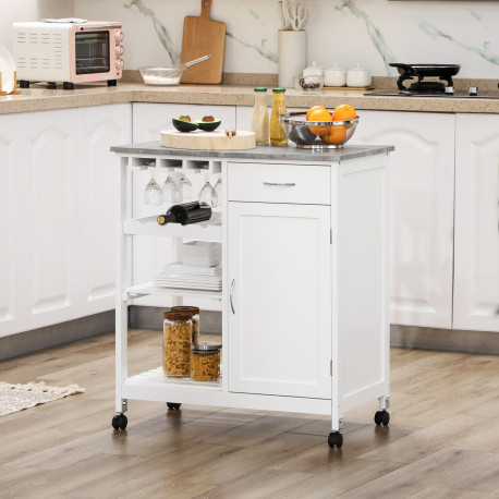 Compact Kitchen Trolley Utility Cart on Wheels with Wine Rack, Drawer, Open Shelf and Storage Cabinet for Dining Room, White