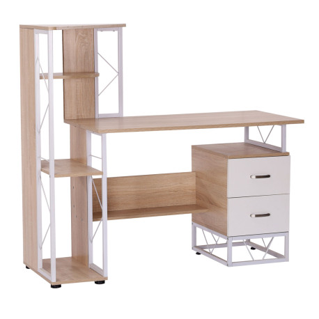 Computer Desk with Drawers and Bookshelf, Writing Desk for Home Office with Storage Shelves, Study Workstation, Oak