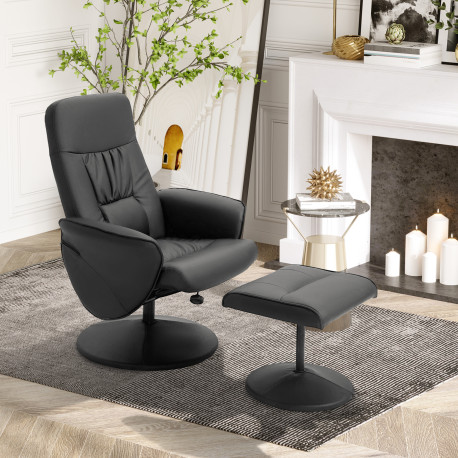 Swivel Recliner Chair with Footstool, PU Leather Armchair and Ottoman with High Back and Round Base for Living Room, Black