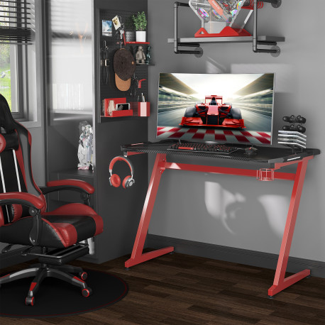 122 x 66 cm Gaming Desk, Carbon Fibre Covered Computer Desk, Gamer Workstation with Headphone Hook, Cup Holder and Gamepad Stora