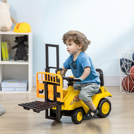 Kids Ride-On Construction Car, with Fork, Tray, Sounds - Yellow