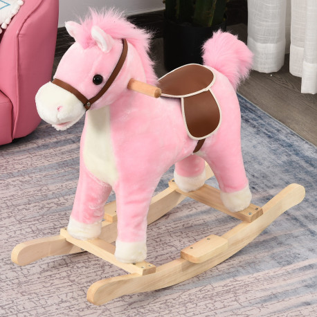 Kids Plush Rocking Horse w/ Sound Moving Mouth Wagging Tail Children Rocker Ride On Toy Gift 3-6 Years Pink