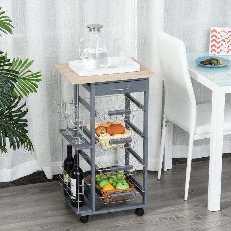 Rolling Kitchen Cart, Utility Storage Cart with 4 Basket Drawers & Side Racks, Wheels for Dining Room, Grey