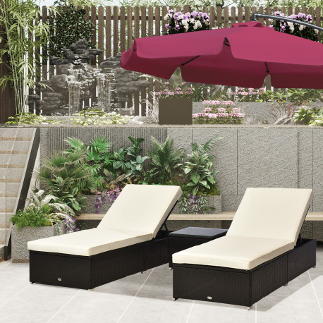 Outsunny 2-Seater Rattan Lounger Set-Deep Coffee/Cream White