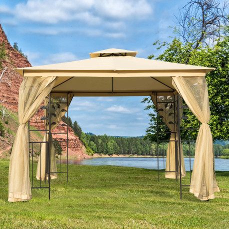 Outsunny 3(m) x 3(m) Garden Gazebo, Double Roof Outdoor Gazebo Canopy Shelter with Netting, Solid Steel Frame, for Garden, Lawn 