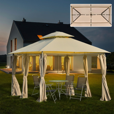 Outsunny 4 x 3(m) Outdoor Gazebo Canopy Party Tent Garden Pavilion Patio Shelter w/ LED Solar Light, Double Tier Roof, Curtains,