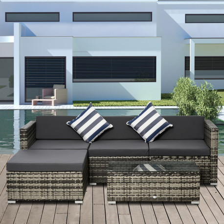 Outsunny 4-Seater Rattan Sofa Set Wicker Sectional Furniture Cushion Grey Garden