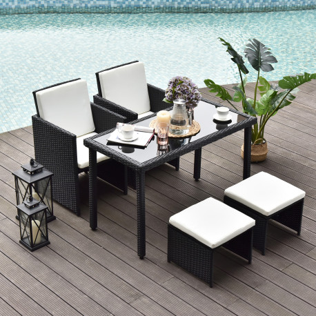 Outsunny 2 Seater Rattan Cube Garden Furniture Set, Rattan Dining Set with Cushions, Outdoor Dining Table and Chairs with 2 Armc