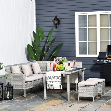 Outsunny 6-Seater Rattan Dining Set Sofa Table Footstool Outdoor w/ Cushion Garden Furniture