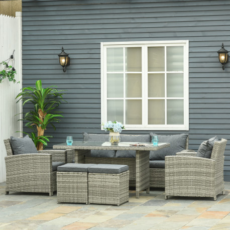 Outsunny 6 Pieces PE Rattan Garden Furniture Set with Three-seat, Armchairs and Footstools, Aluminium Patio Wicker Dining Sets w