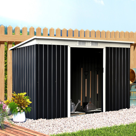 Outsunny 9ft x 4ft Metal Garden Shed, Outdoor Tool House with Foundation Kit, Ventilations and Double Doors, Dark Grey