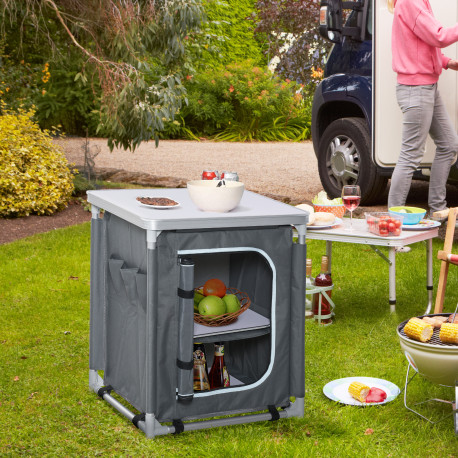 Outsunny Aluminum Camping Cupboard, Camping Kitchen Station Cook Table with 3-Shelf, Storage Organiser for BBQ Party Picnic