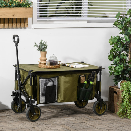 Outsunny Folding Garden Trolley, Cargo Trailer on Wheels, Collapsible Camping Trolley with Folding Board, Outdoor Utility Wagon 