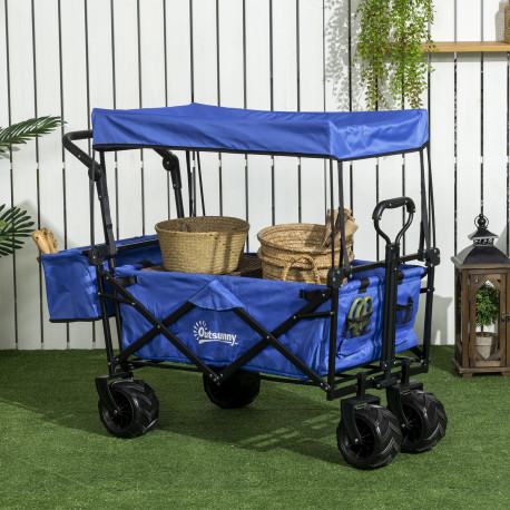 Outsunny Folding Trolley Cart Storage Wagon Beach Trailer 4 Wheels with Handle Overhead Canopy Cart Push Pull for Camping, Blue