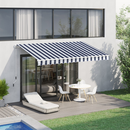 Outsunny Manual Retractable Awning, 3.5x2.5 m-Dark Blue/White Stripes