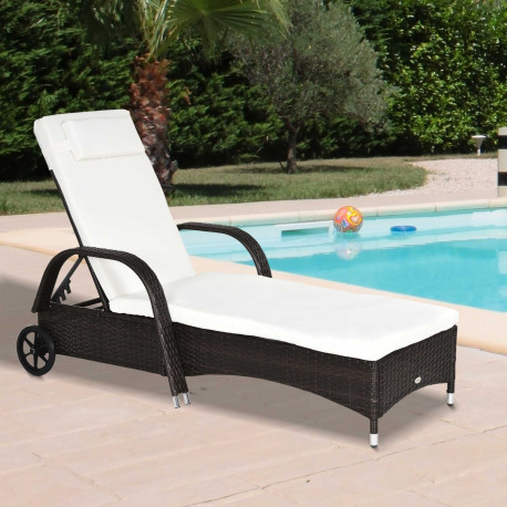 Outsunny Brown Rattan Sun Lounger w/ Adjustable Steel Frame,200Lx73Wx56-103H cm