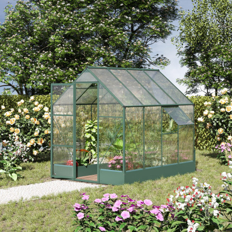 Outsunny Garden Walk-in Aluminium Greenhouse Polycarbonate with Plant Bed, Temperature Controlled Window, Foundation, 6 x 8ft