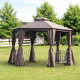 Outsunny 3 x 3(m) Hexagon Gazebo Patio Canopy Party Tent Outdoor Garden Shelter w/ 2 Tier Roof &amp; Side Panel - Brown