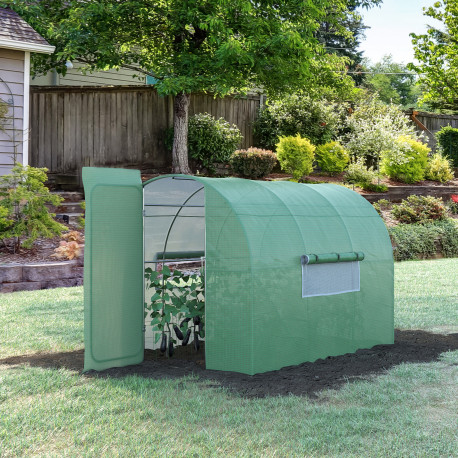 Outsunny Large Polytunnel Walk In Greenhouse, Plant Gardening Tunnel Green House with Metal Hinged Door, Galvanised Steel Frame 