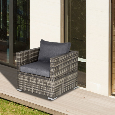 Outsunny Single Seater Rattan Chair Sofa with Padded Cushions, All-Weather PE Wicker Weave Garden Armchair with Armrests, Dark G