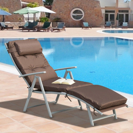 Outsunny Sun Lounger Steel Frame Outdoor Folding Chaise Texteline Lounge Chair Recliner with Headrest & 7 Levels Adjustable Back