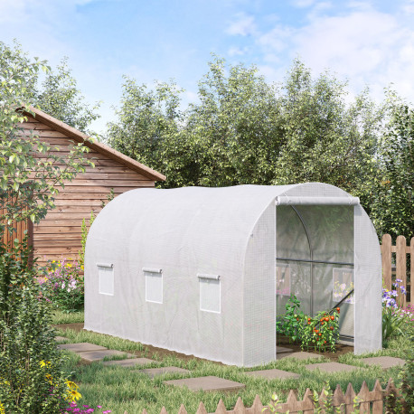 Outsunny 3.5 x 2 x 2 m Polytunnel Greenhouse, Walk-in Green House for Garden with Mesh Windows, Galvanised Steel Frame, White