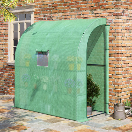 Outsunny Walk-In Lean to Wall Greenhouse with Windows and Doors, Outdoor Green House with 3 Tiers 4 Wired Shelves, 200L x 100W x