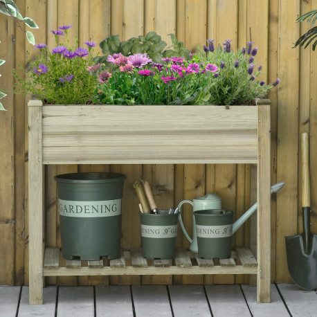 Outsunny Garden Wooden Planters， Raised Garden Bed with Legs and Storage Shelf Elevated Wooden Planter Box