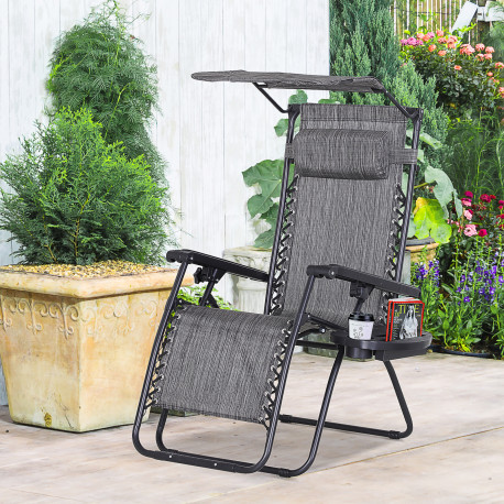 Outsunny Foldable Reclining Garden Chair with Headrest, Zero Gravity Deck Sun Lounger Seat Chair with Footrest, Armrest, Cup Hol