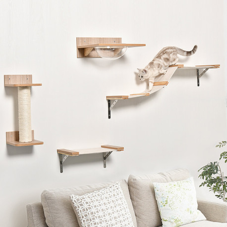 PawHut 4PCs Wall-mounted Cats Climbing Shelf Set Cat Tree Kitten Perch Activity Center with Hammock Scratching Post Jumping Plat