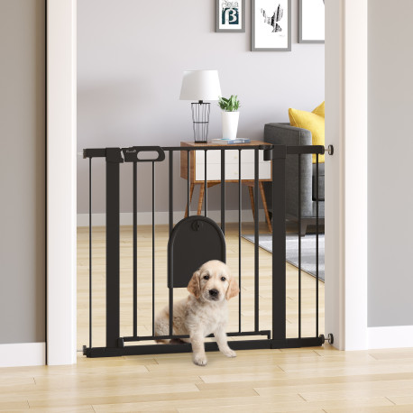 PawHut Dog Gate with Cat Flap Pet Safety Gate Barrier, Stair Pressure Fit, Auto Close, Double Locking, for Doorways, Hallways, 7