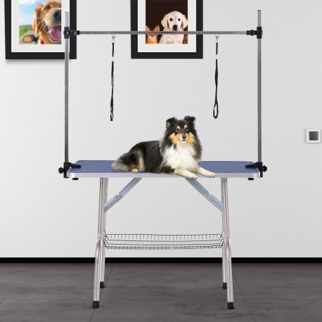 PawHut 42" Dog Grooming Table Adjustable Pet Cat Drying Beauty Table Rubber Top with 2 Loops Storage Basket Metal Blue