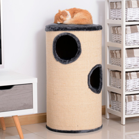 PawHut 70cm Height Cat Post Tree Scratching Barrel Sisal Activity Center Condo Kitten Bed Scratcher Climbing Climber Play House 