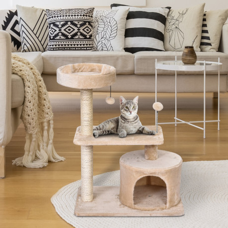 PawHut Multi Level Cat Tree for Indoor Cats with Scratching Post Bed Condo Perch, Kitten Climbing Tower, Beige 60L x 40W x 81H c