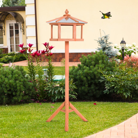 PawHut Wooden Bird Table Free Standing Feeder Garden Sheltered Feeding Station Parrot Stand Birdhouse Φ40x113cm