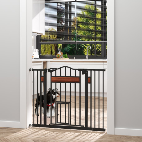 PawHut Pet Gate Safety Gate, with Cat Flap, Auto Close, for Staircases, Doorways, Hallways, 74-105cm Wide - Black