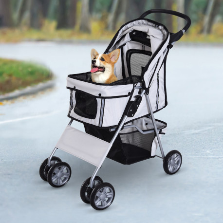 PawHut Pet Stroller for Small Miniature Dogs Cats Foldable Travel Carriage with Wheels Zipper Entry Cup Holder Storage Basket Gr