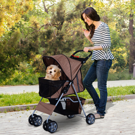 PawHut Pet Stroller for Small Miniature Dogs Cats Foldable Travel Carriage with Wheels Zipper Entry Cup Holder Storage Basket Br