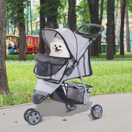 PawHut Dog Stroller, 3 Wheels Foldable Cat Dog Pram with Cup Holder, Storage Basket, Pet Stroller for Small Miniature Dogs, Grey