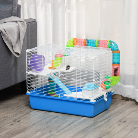 PawHut Hamster Cage with Tubes Tunnel 3 Level Rodent House with Exercise Wheel, Water Bottle, Food Dish, Ramp, Hut 59 x 36 x 47 