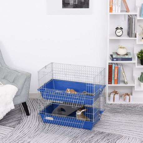 PawHut Double Tier Small Animal Cage Rabbit Chinchillas Cage w/ Ramp Food Dish Water Bottle Deep Trays Pet Home 72 x 44 x 67 cm