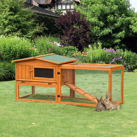 PawHut Rabbit Hutch with Run Wooden Guinea Pig Hutch Outdoor Bunny Cage Hide House with Sliding Tray, Hay Rack, Ramp, 156 x 58 x