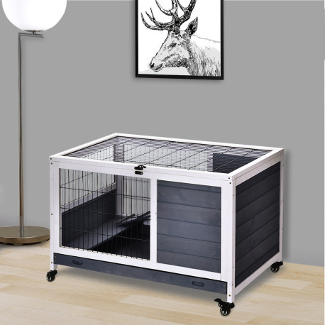 PawHut Wooden Guinea Pig Hutch, 2-Floor Bunny Cage w/ Enclosed Run Area, Grey