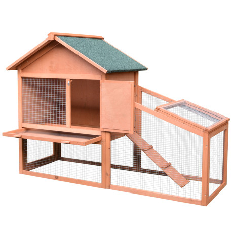 PawHut 2 Tier Rabbit Hutch Outdoor, Guinea Pig Hutch, Solid Wood Bunny House, Water Resistant Asphalt Roof Ramp Sliding tray 144