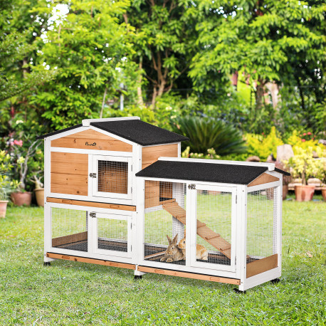 PawHut Rabbit Hutch Outdoor with Run Guinea Pig Hutch 2-Tier Bunny Cage w/ Wheels No-Leak Plastic Tray 157.4 x 53 x 99.5 cm - Ye