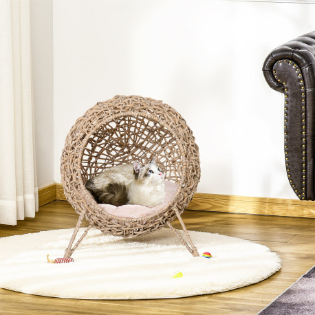 PawHut Wicker Cat Bed, Ball-Shaped Rattan Elevated Cat Basket with Three Tripod Legs, Cushion - Natural Wood Finish