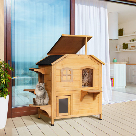 PawHut 2-story Cat House Outdoor, Weatherproof Wooden Cat Enclosure for Feral Cats with Escape Door, Openable Roof, Jumping Plat