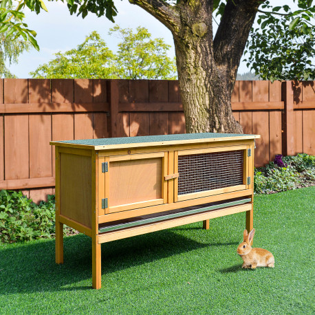 PawHut Rabbit Hutch Outdoor Guinea Pig Hutch House Small Animal Bunny Cage w/ Openable Roof, 115 x 44 x 65 cm